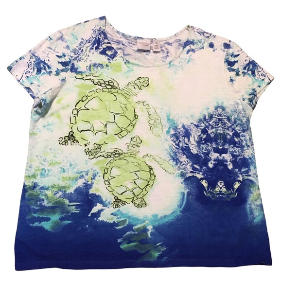 Turtle print top Ocean blue green white graphic Weekends by Chico’s Lg (… - Picture 1 of 9